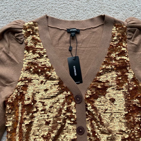 NWT Express Women's Sequin Long Sleeve Button Front Cardigan Sweater Top XS Gold - Picture 9 of 15